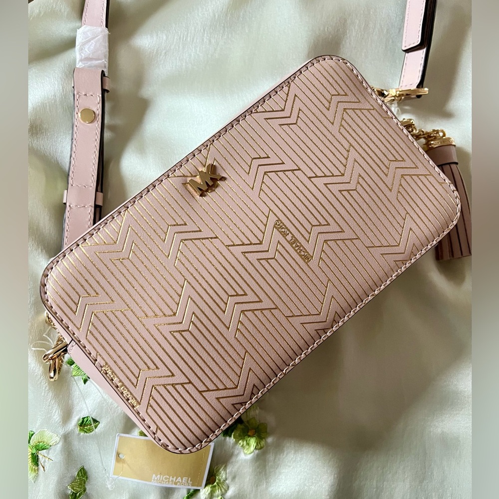 Michael Kors Metallic Deco Small Leather Camera/Crossbody Bag in Soft Pink NWT